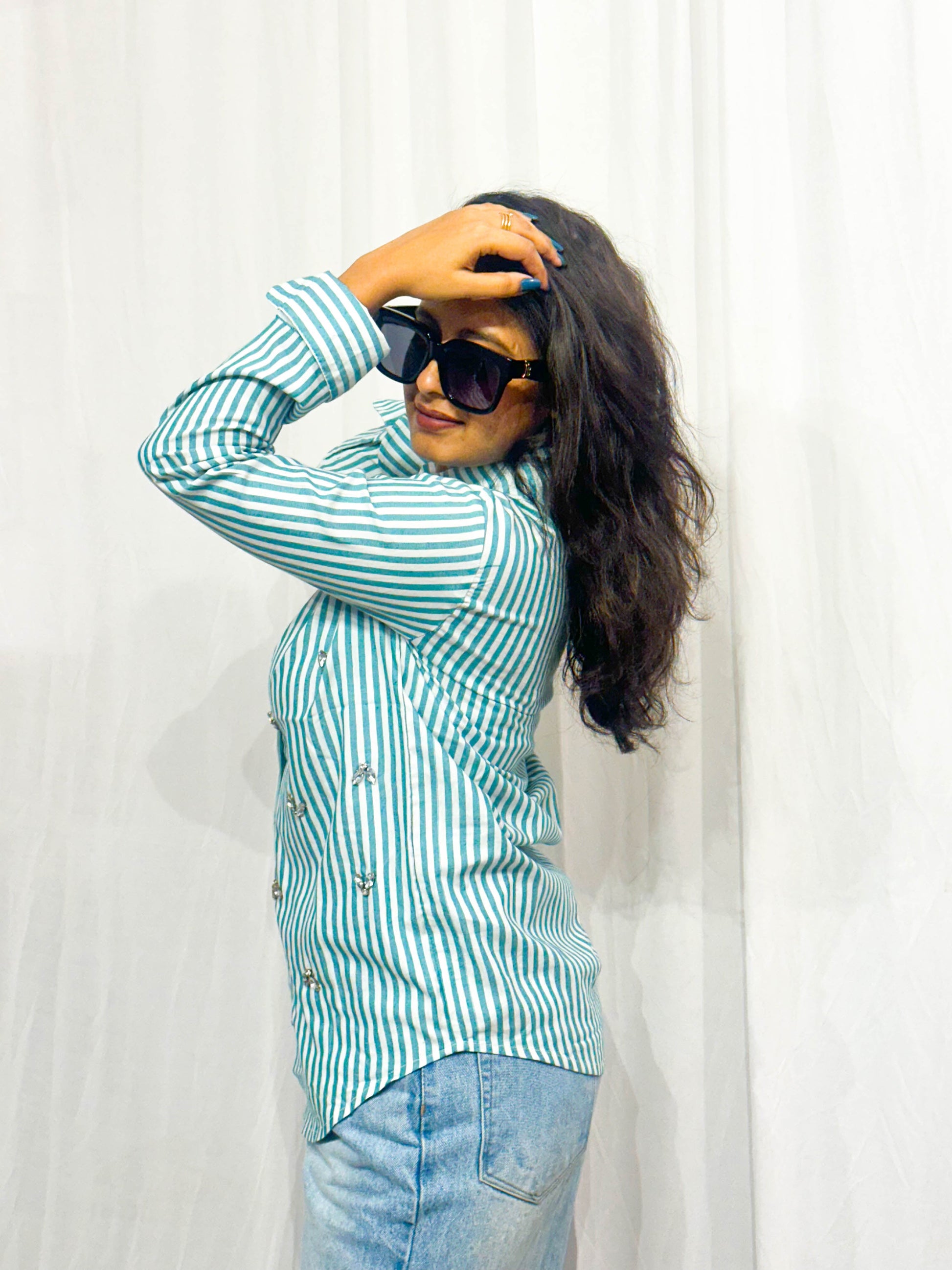 TEEL BLUE STRIPES COTTON SHIRT WITH EMBELLISHMENTS BESU INDIA