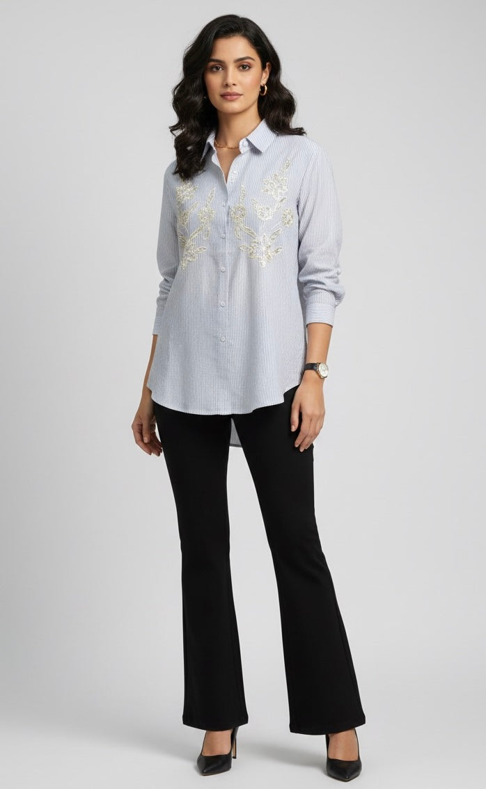 LIGHT BLUE STRIPED AHIRT WITH SEQUINS EMBROIDERY BESU INDIA