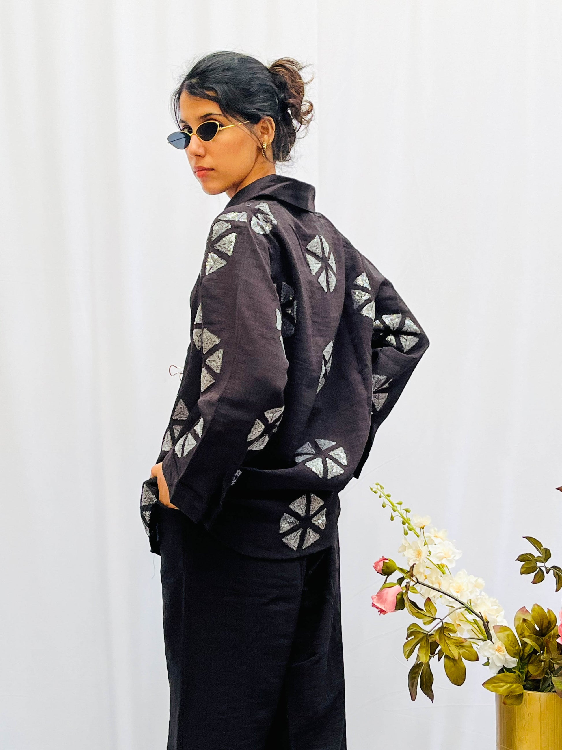 BLACK SEQUINS PATCH WORKED LINEN CO-ORD BESU INDIA