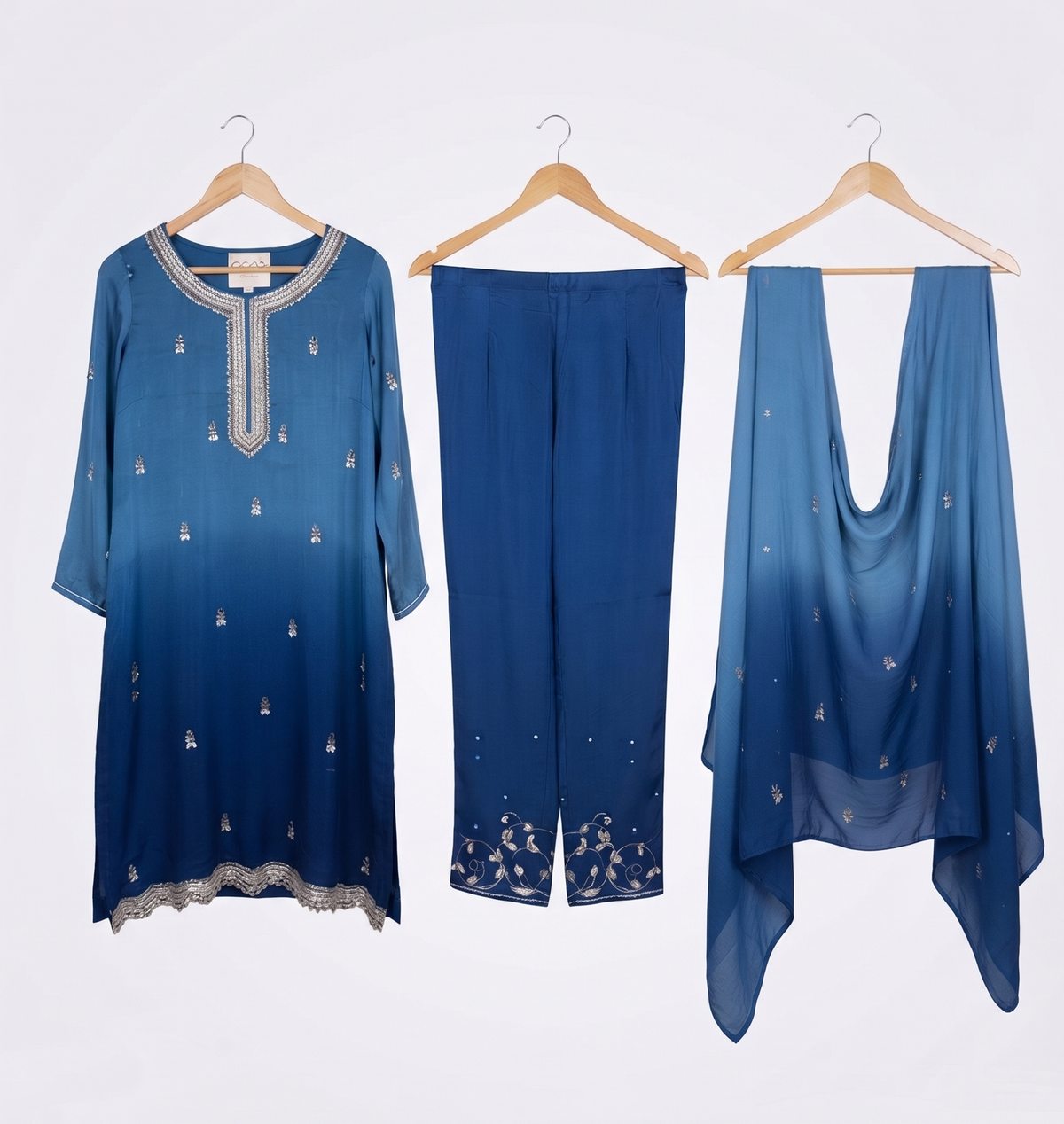 OMBRÉ BLUE EMBROIDERED KURTA WITH PANTS AND DUPATTA BESU INDIA