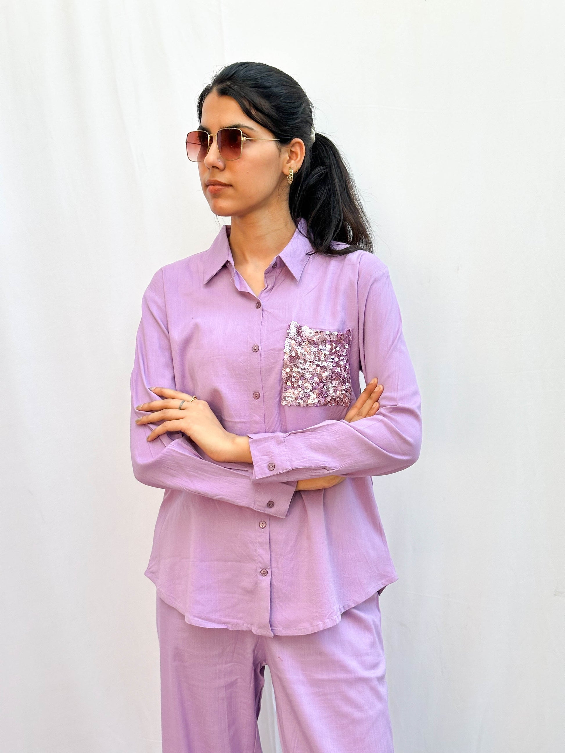 LAVENDER COTTON CO-ORD WITH SEQUINS POCKET BESU INDIA
