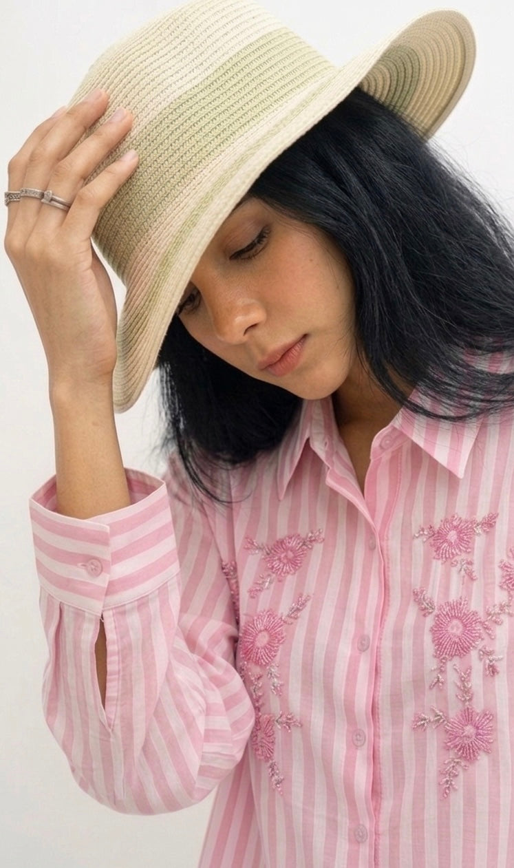 PINK STRIPED SHIRT WITH FLORAL EMBROIDERY BESU INDIA