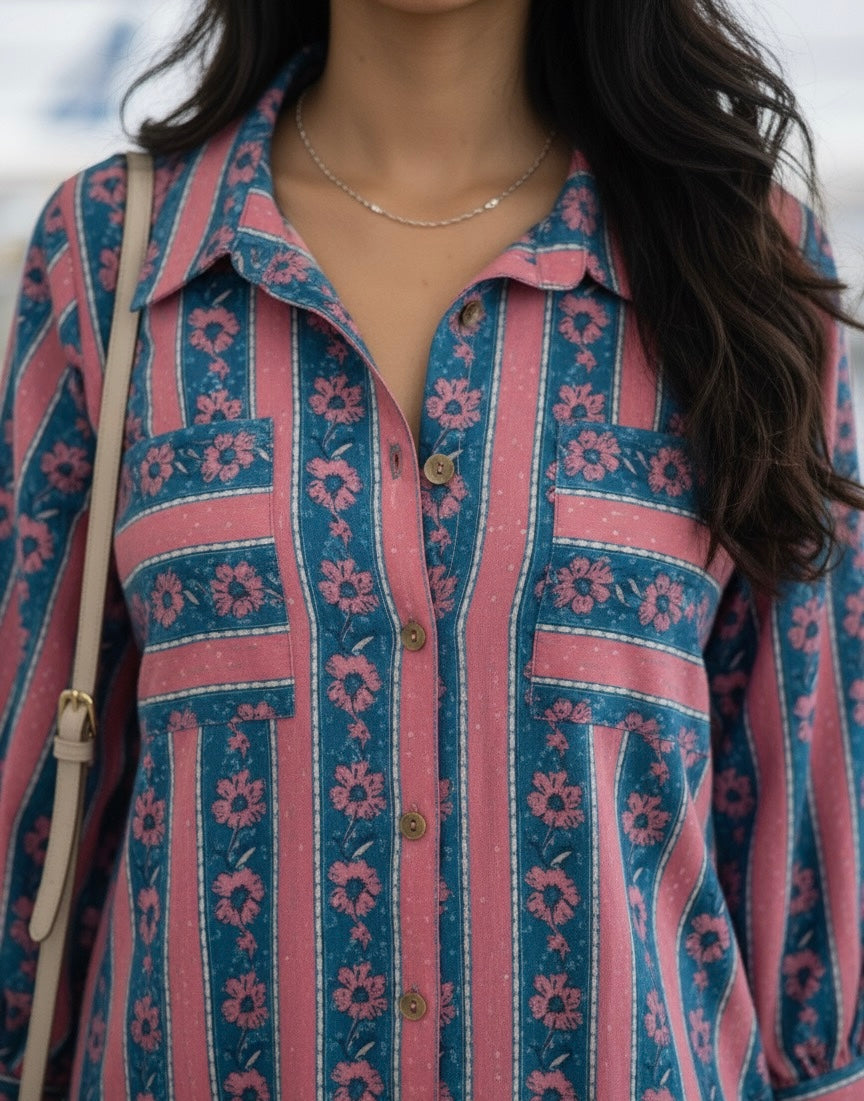 PINK FLORAL PRINT SHIRT DRESS / KURTA TOP BESU INDIA