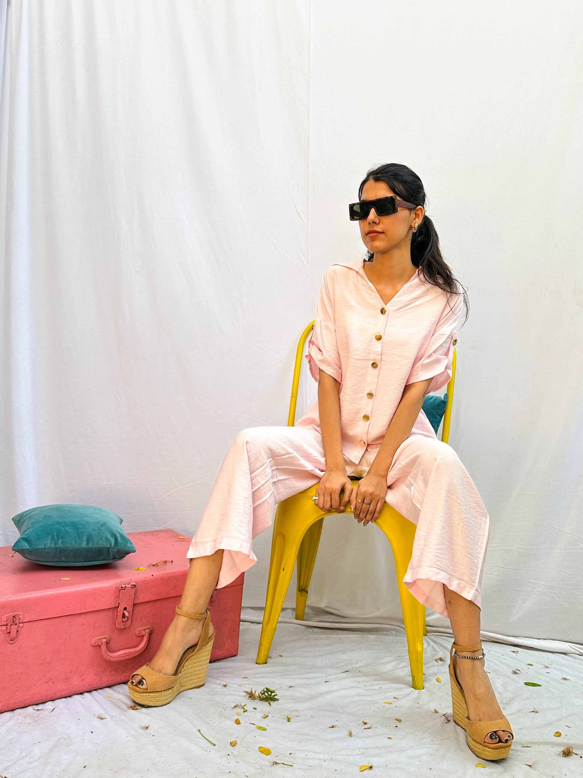 BABY PINK CO-ORDS WITH GOLD BUTTONS BESU INDIA