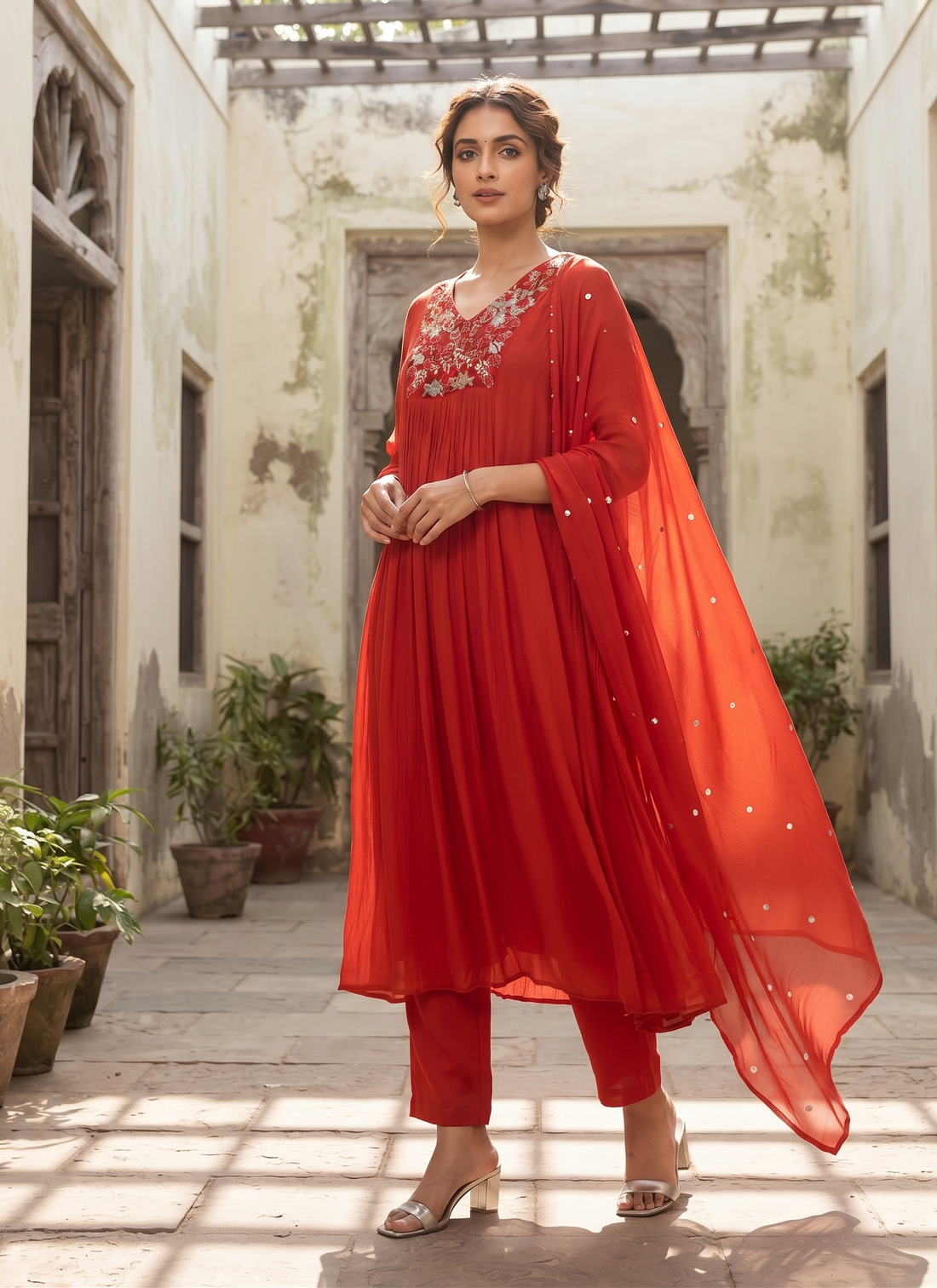 CRIMSON EMBROIDERED ANARKALI KURTA SET BESU INDIA