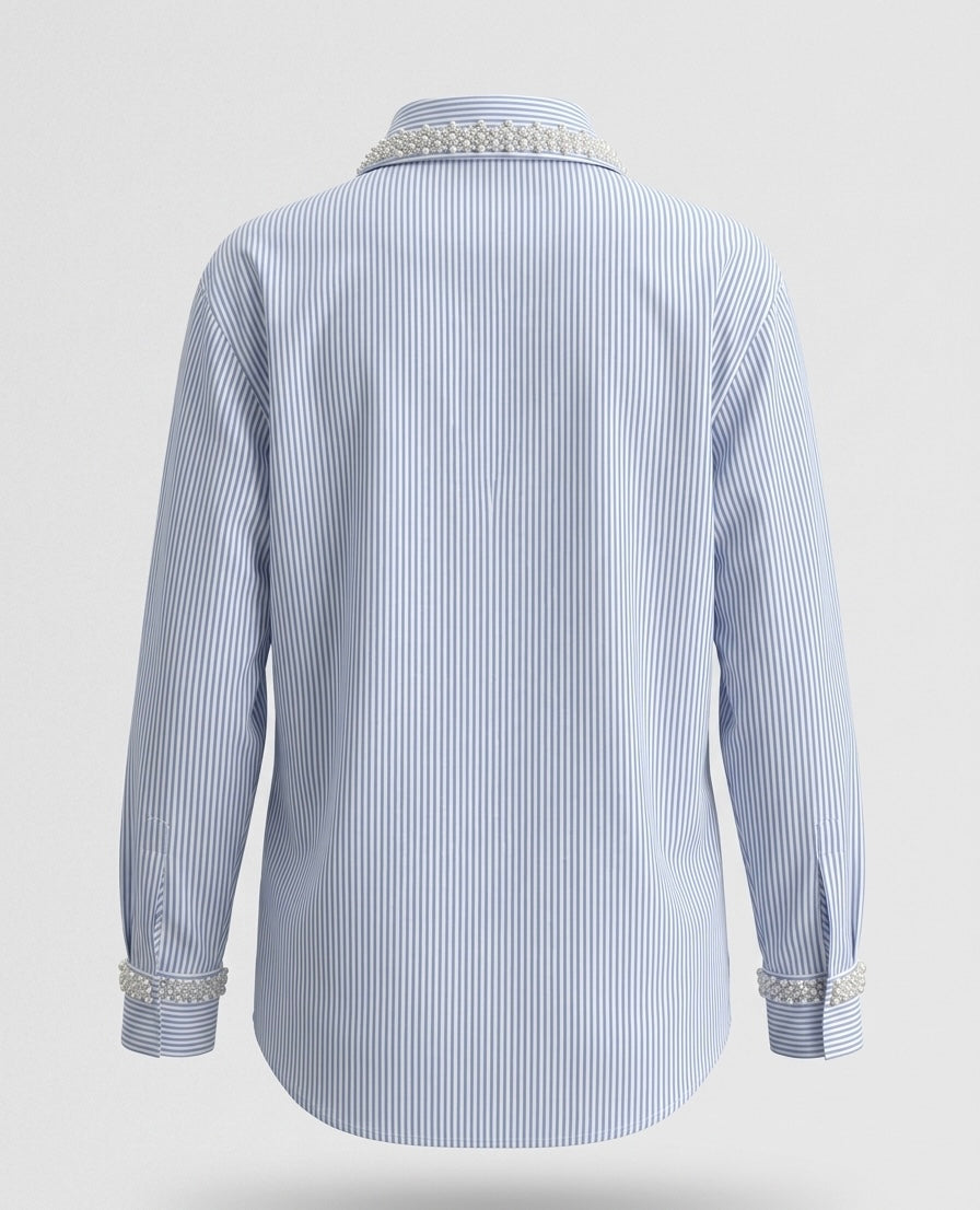 CLASSIC BLUE AND WHITE STRIPED SHIRT WITH PEARL ACCENTS BESU INDIA