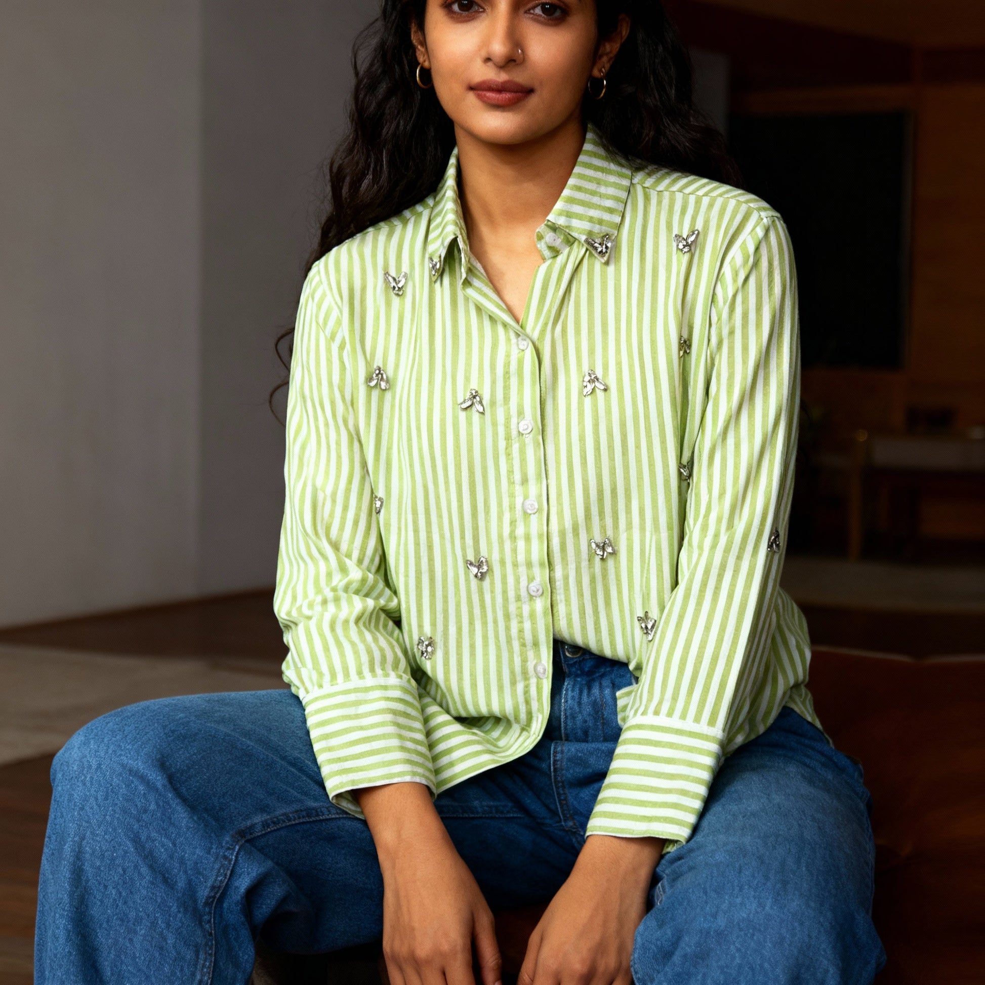 LIGHT GREEN STRIPED EMBELLISHED COTTON SHIRT BESU INDIA