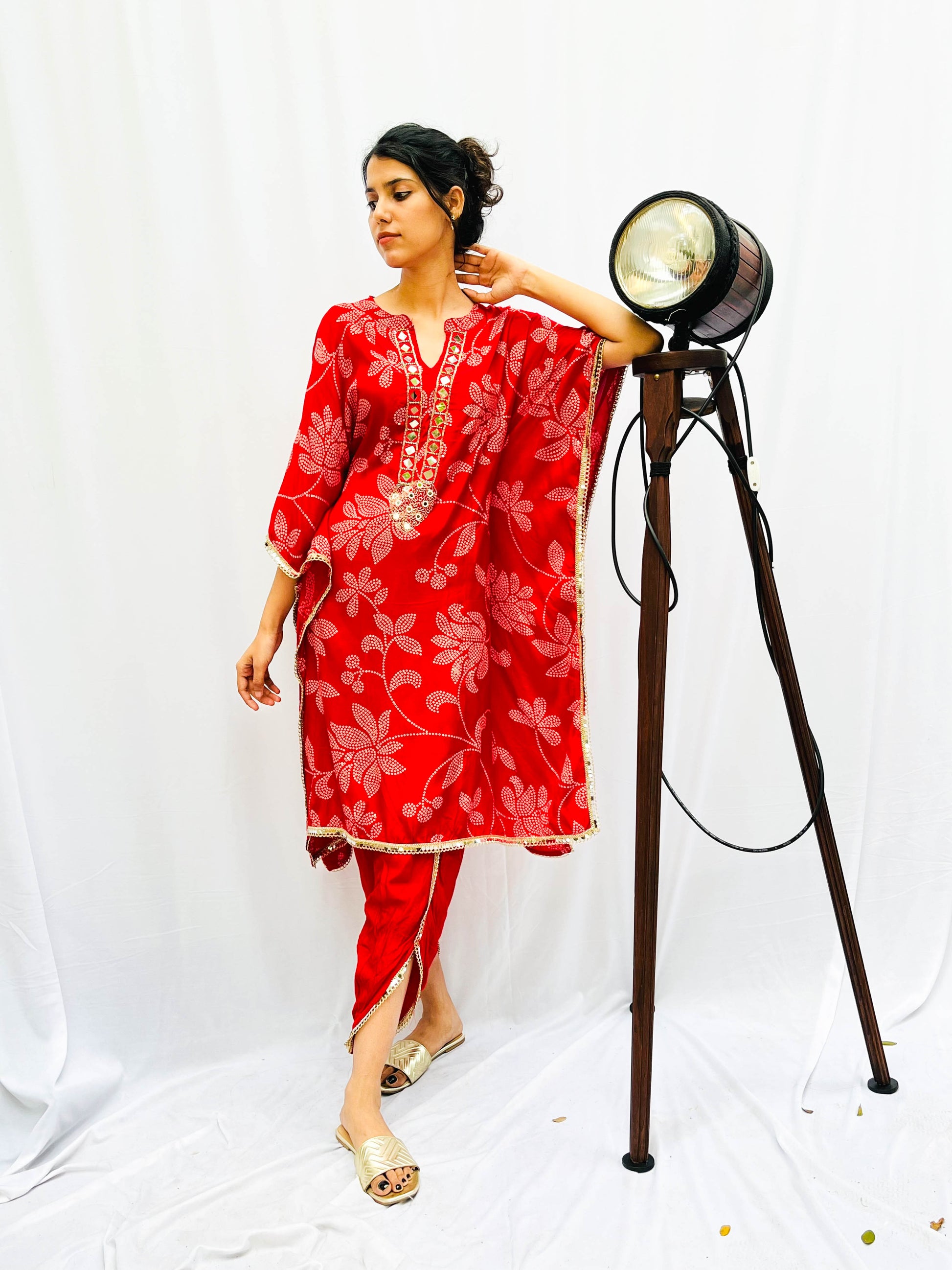 RED FLORAL PRINTED KAFTAN WITH TULIP PANTS BESU INDIA