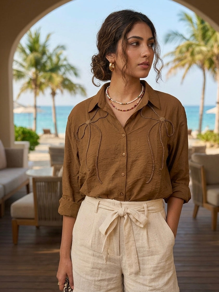 BROWN SHIRT WITH BEADED BOW BESU INDIA