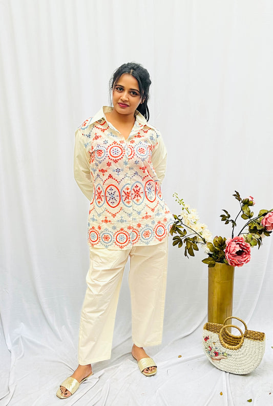 CREAM IS EMBROIDERED HAKOBA CO-ORDS BESU INDIA
