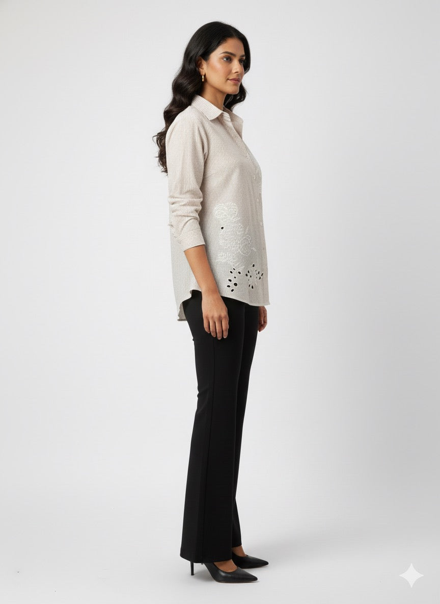 BEIGE STRIPED SHIRT WITH WHITE THREAD EMBROIDERY BESU INDIA
