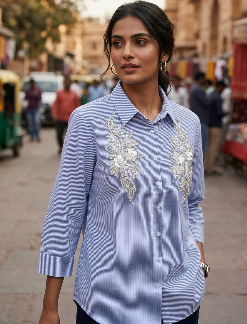 PERIWINKLE BLUE FLORAL EMBROIDERED SHIRT BESU INDIA