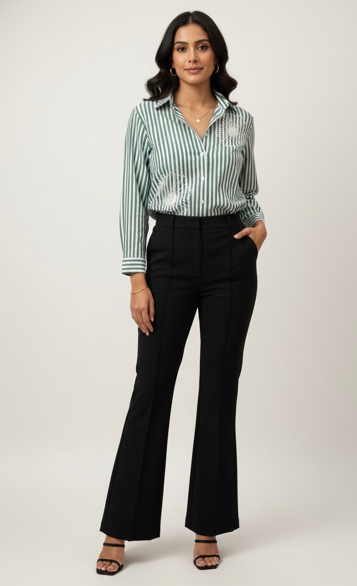 GREEN AND WHITE STRIPED SHIRT WITH PEARL BEADS EMBROIDERY BESU INDIA