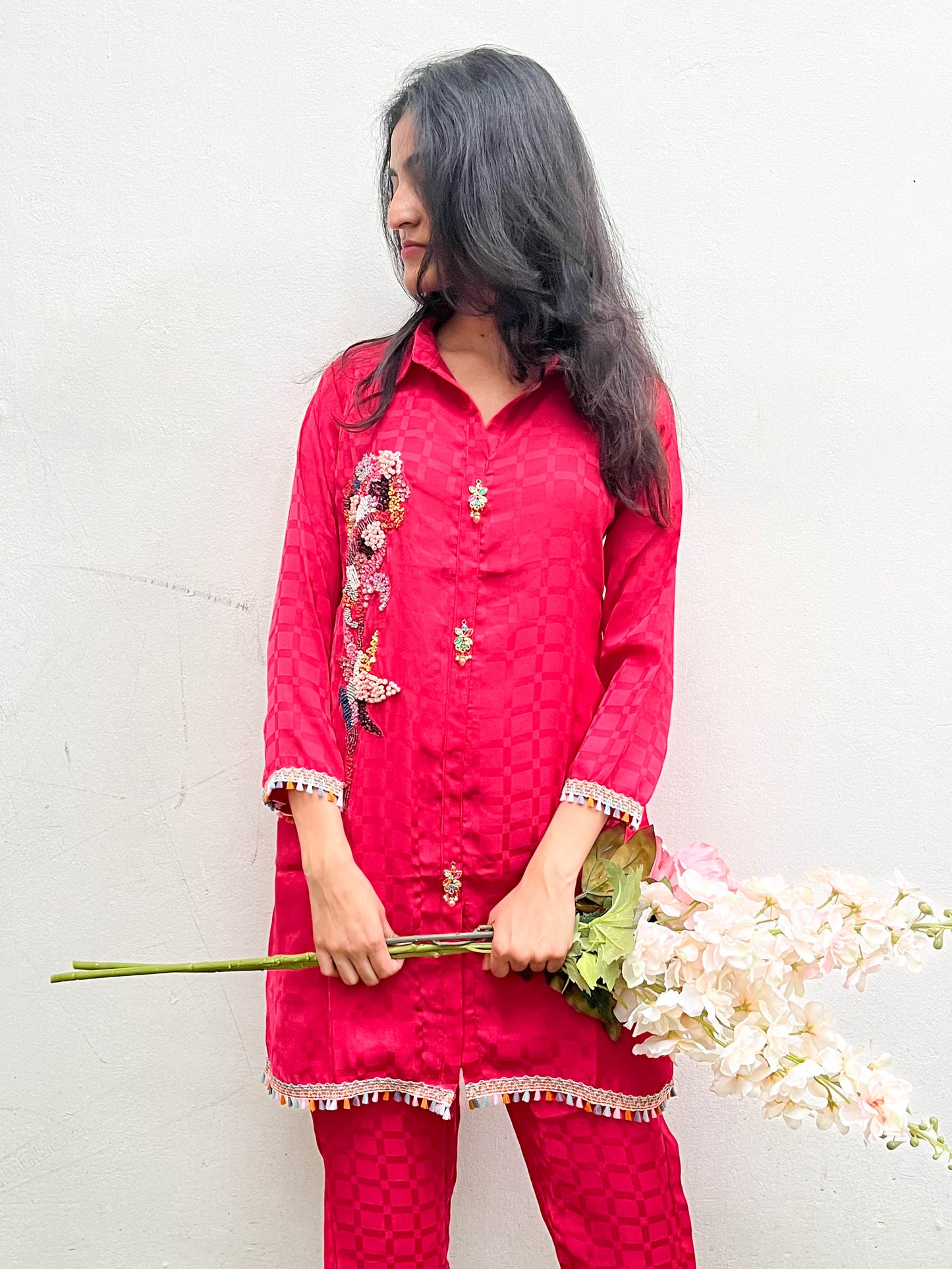 RED CREPE HAND EMBROIDERED CO-ORD SET BESU INDIA