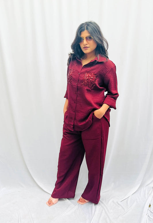 WINE RED LINEN CO-ORDS WITH SEQUINS POCKETS BESU INDIA