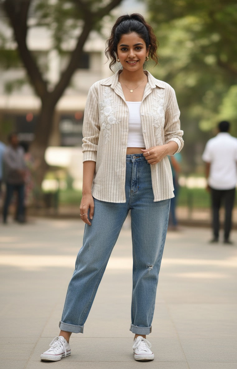 BEIGE AND WHITE STRIPED COTTON SHIRT WITH PATCH WORK BESU INDIA