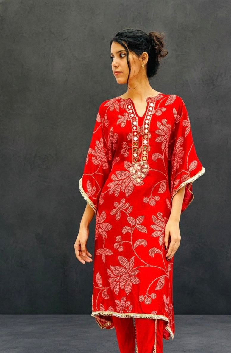 RED FLORAL PRINTED KAFTAN WITH TULIP PANTS BESU INDIA