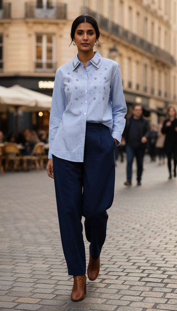 LIGHT BLUE STRIPED STUDDED COTTON SHIRT BESU INDIA