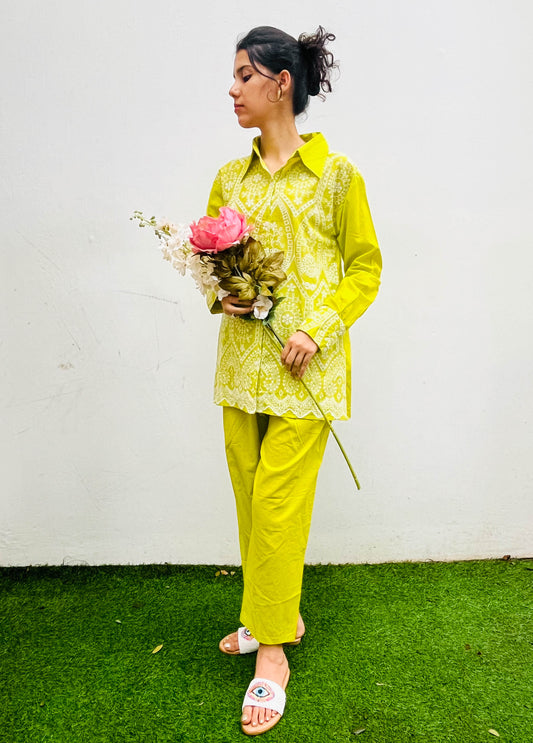 POP BRIGHT GREEN THREAD EMBROIDERED COTTON CO-ORD SET BESU INDIA