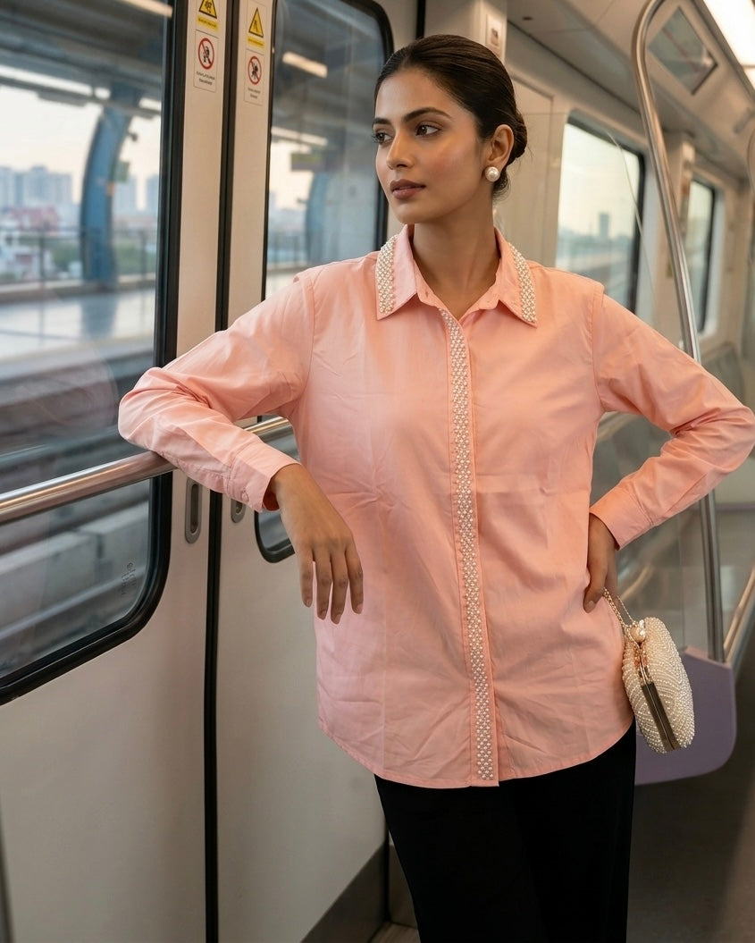 PEACH EMBELLISHED COTTON SHIRT BESU INDIA