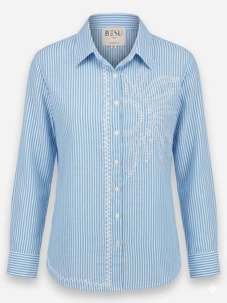 BLUE AND WHITE STRIPED SHIRT WITH THREAD EMBROIDERY BESU INDIA