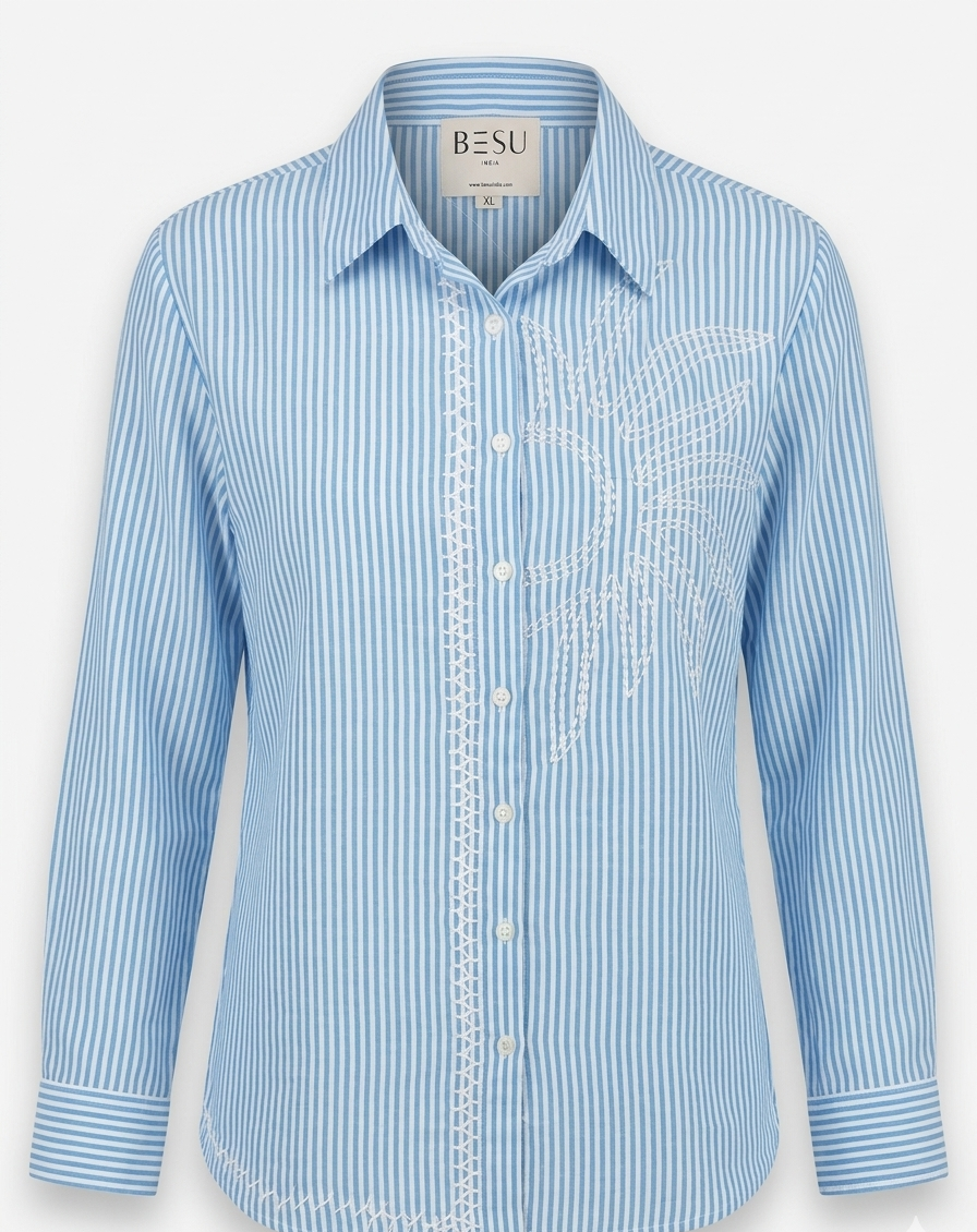 BLUE AND WHITE STRIPED SHIRT WITH THREAD EMBROIDERY BESU INDIA