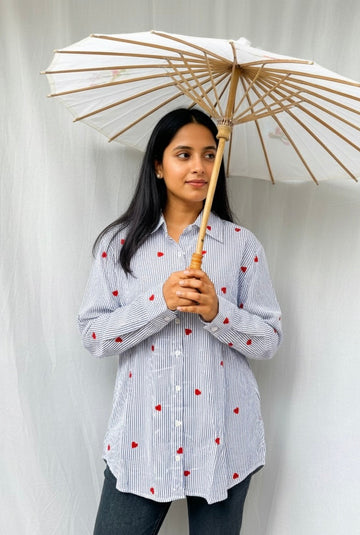 BLUE STRIPED COTTON SHIRT WITH HEART PRINTS BESU INDIA