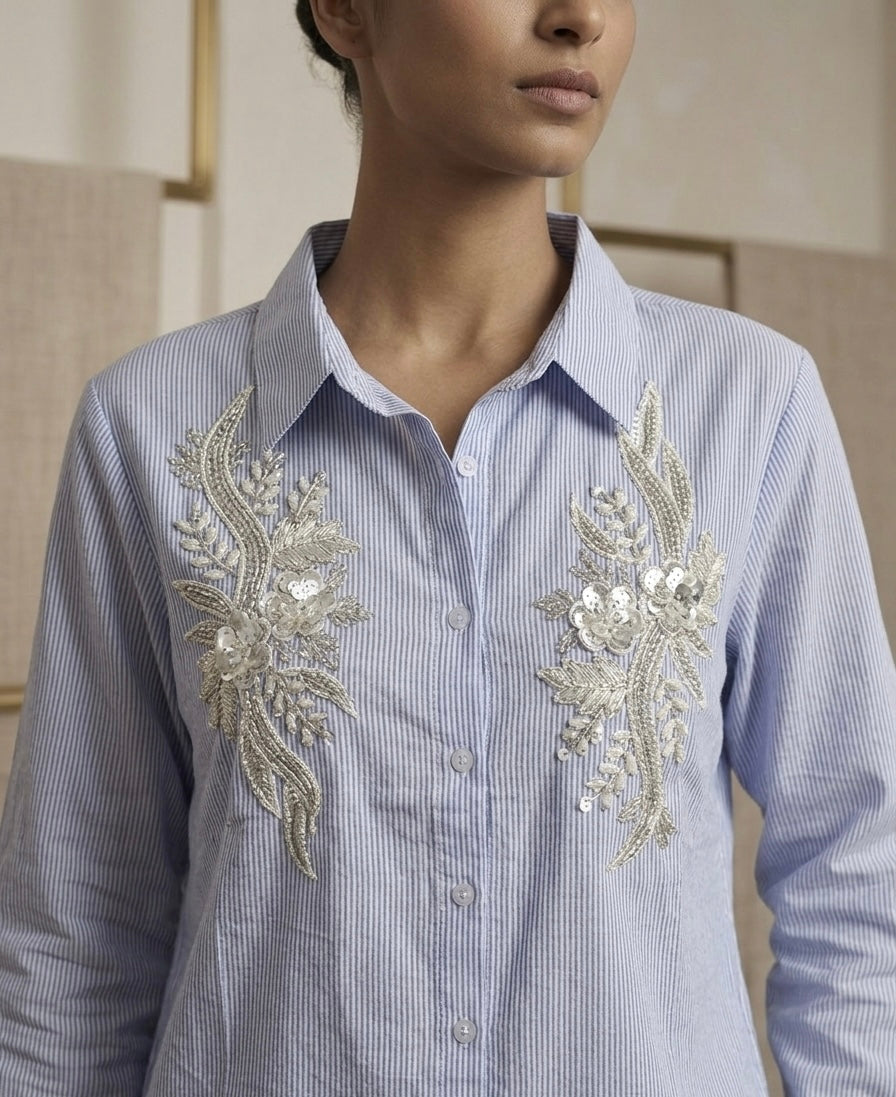 PERIWINKLE BLUE FLORAL EMBROIDERED SHIRT BESU INDIA