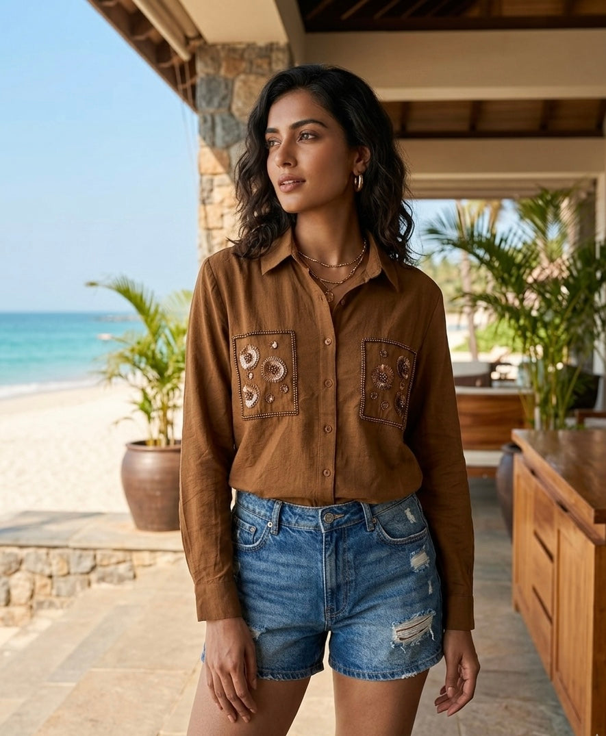EARTHY BROWN SHIRT WITH SEQUIN DETAIL BESU INDIA
