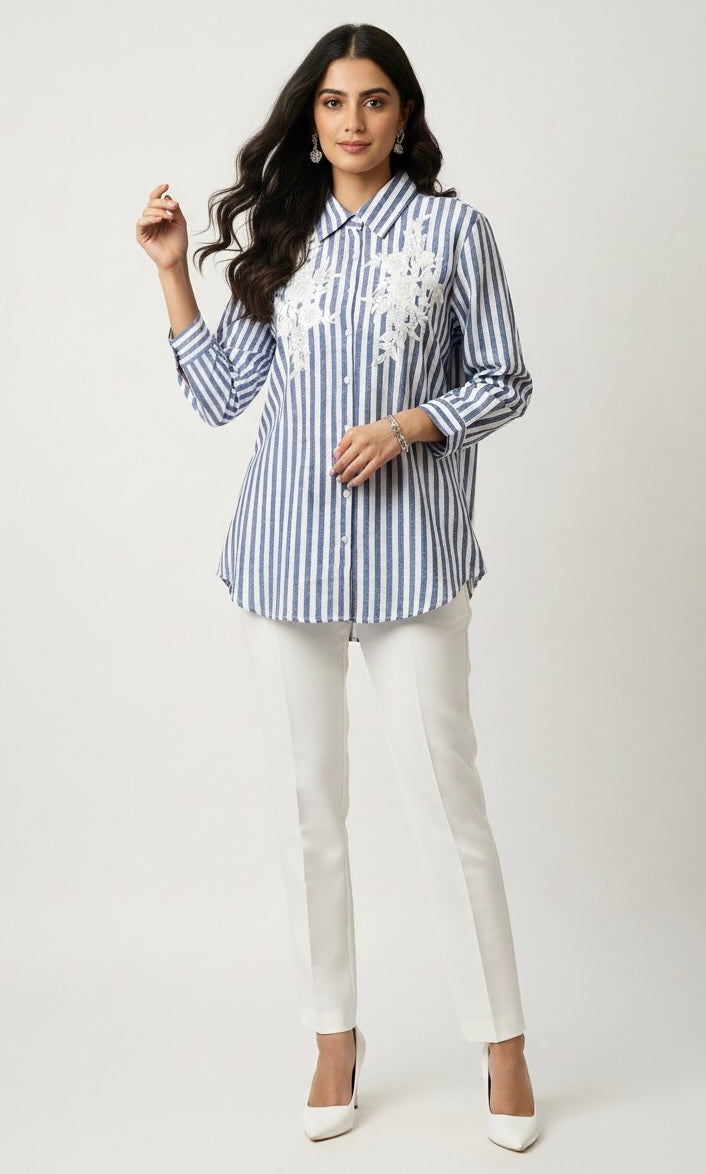 BLUE AND WHITE STRIPED SHIRT WITH SEQUINS HAND EMBROIDERY BESU INDIA