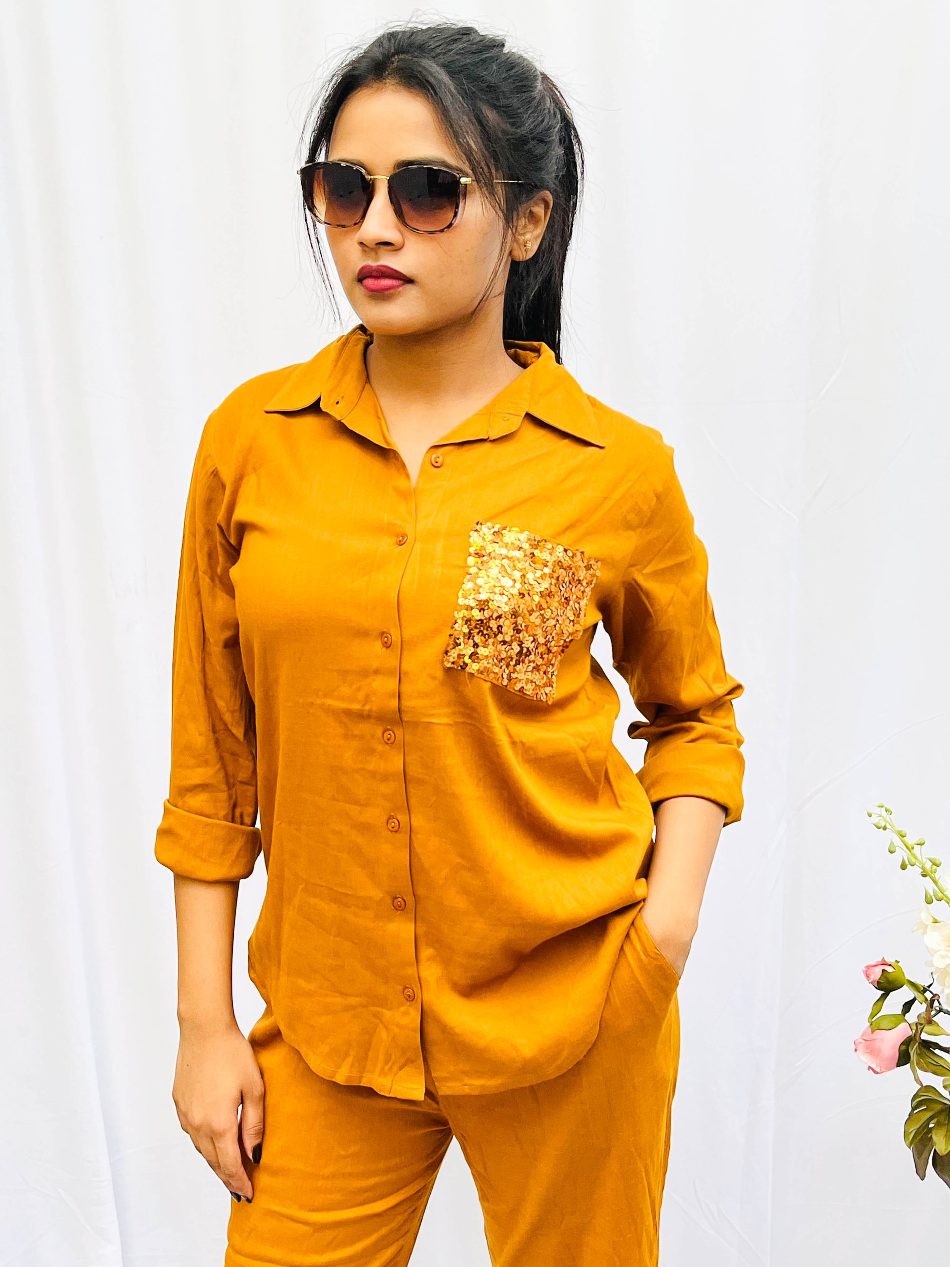 MUSTARD SEQUINS POCKET CO-ORD SET BESU INDIA