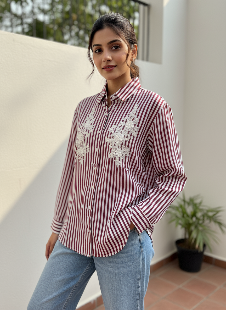 MAROON AND PINK STRIPED EMBROIDERED PATCH WORK COTTON SHIRT BESU INDIA