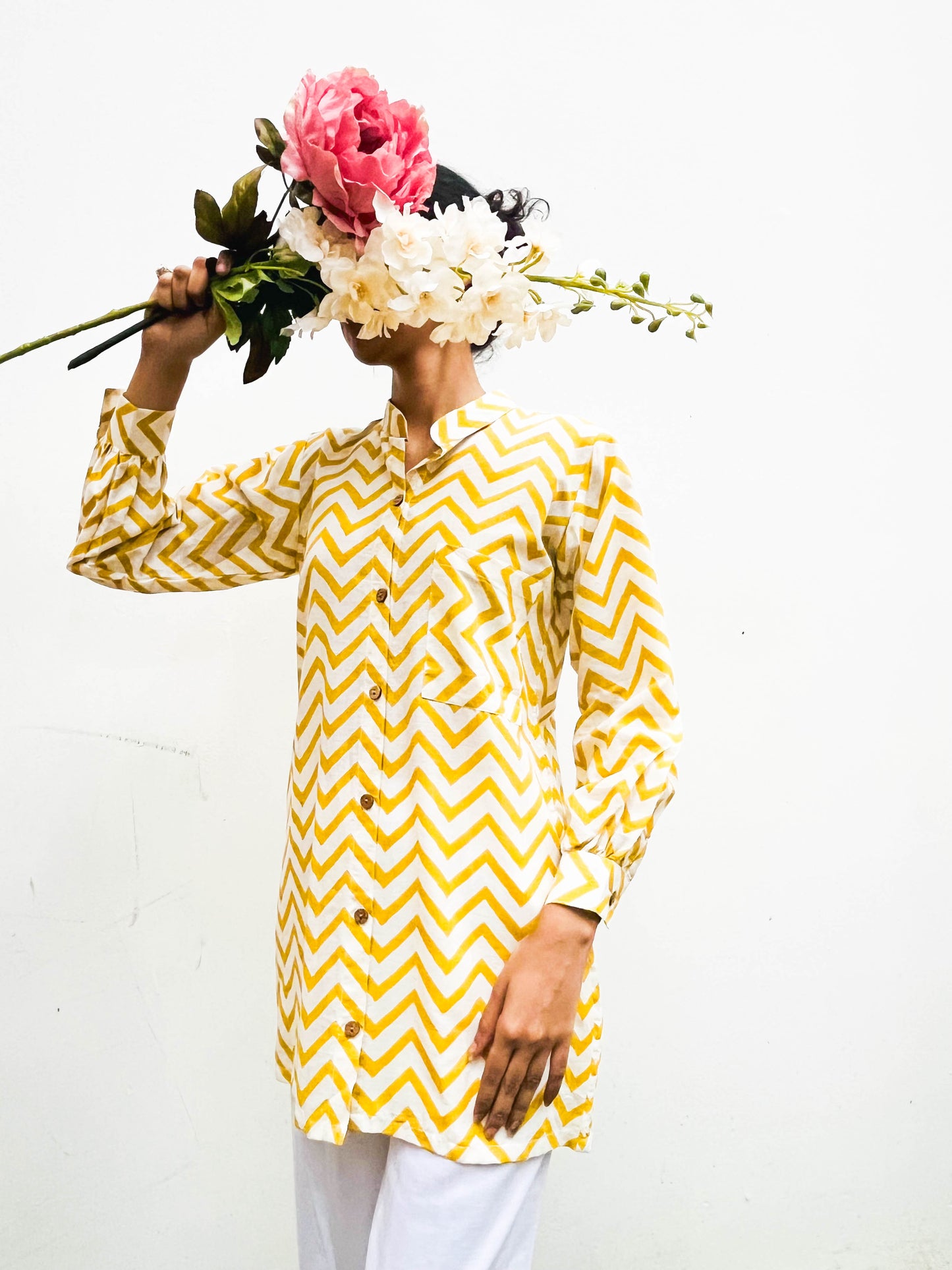 MUSTARD CHEVRON PRINT COTTON SHIRT / KURTA BESU INDIA