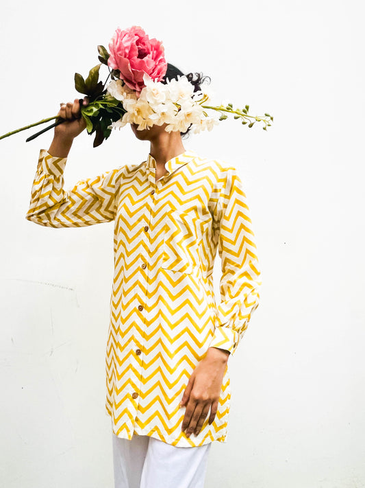 MUSTARD CHEVRON PRINT COTTON SHIRT / KURTA BESU INDIA