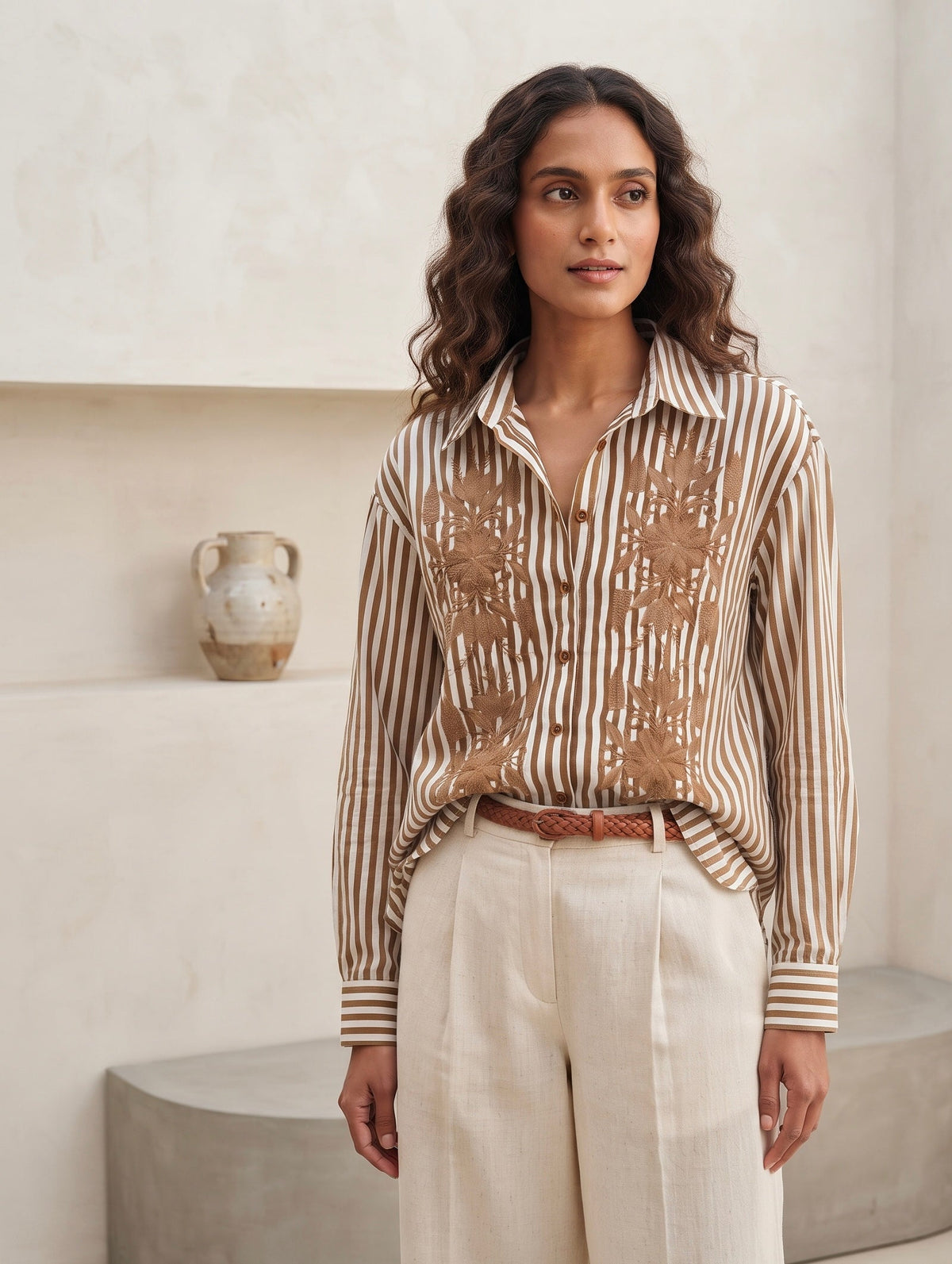 THE BROWN STRIPE SHIRT WITH EMBROIDERY BESU INDIA