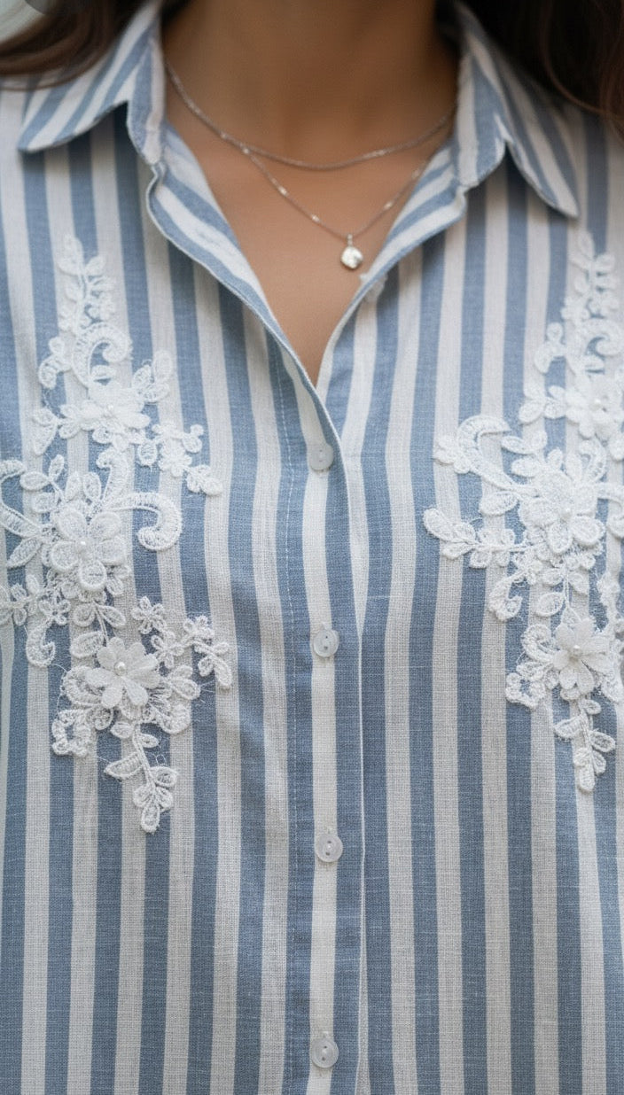 LIGHT BLUE STRIPED SHIRT WITH EMBROIDERED PATCH WORK BESU INDIA