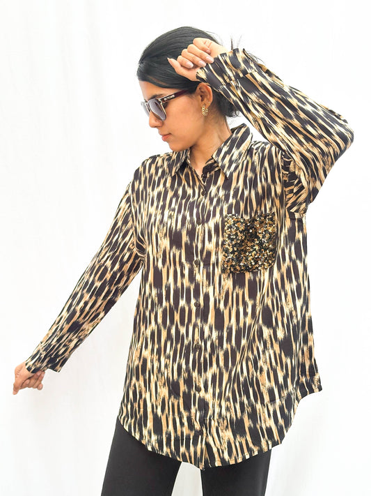 ANIMAL PRINT COTTON SHIRT WITH SEQUINS POCKETS BESU INDIA