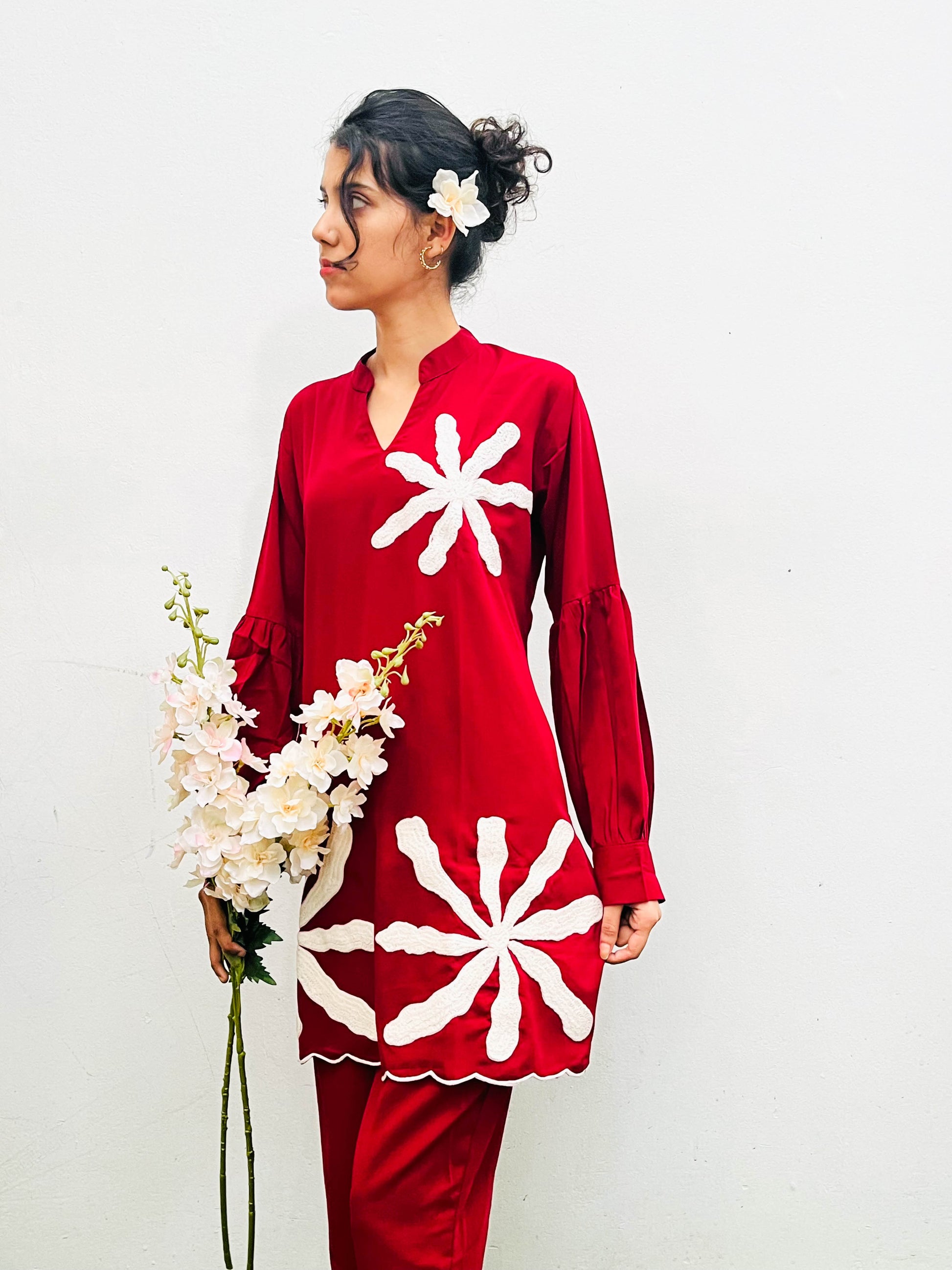 DARK RED MOTIF EMBROIDERED CREPE CO-ORD SET BESU INDIA
