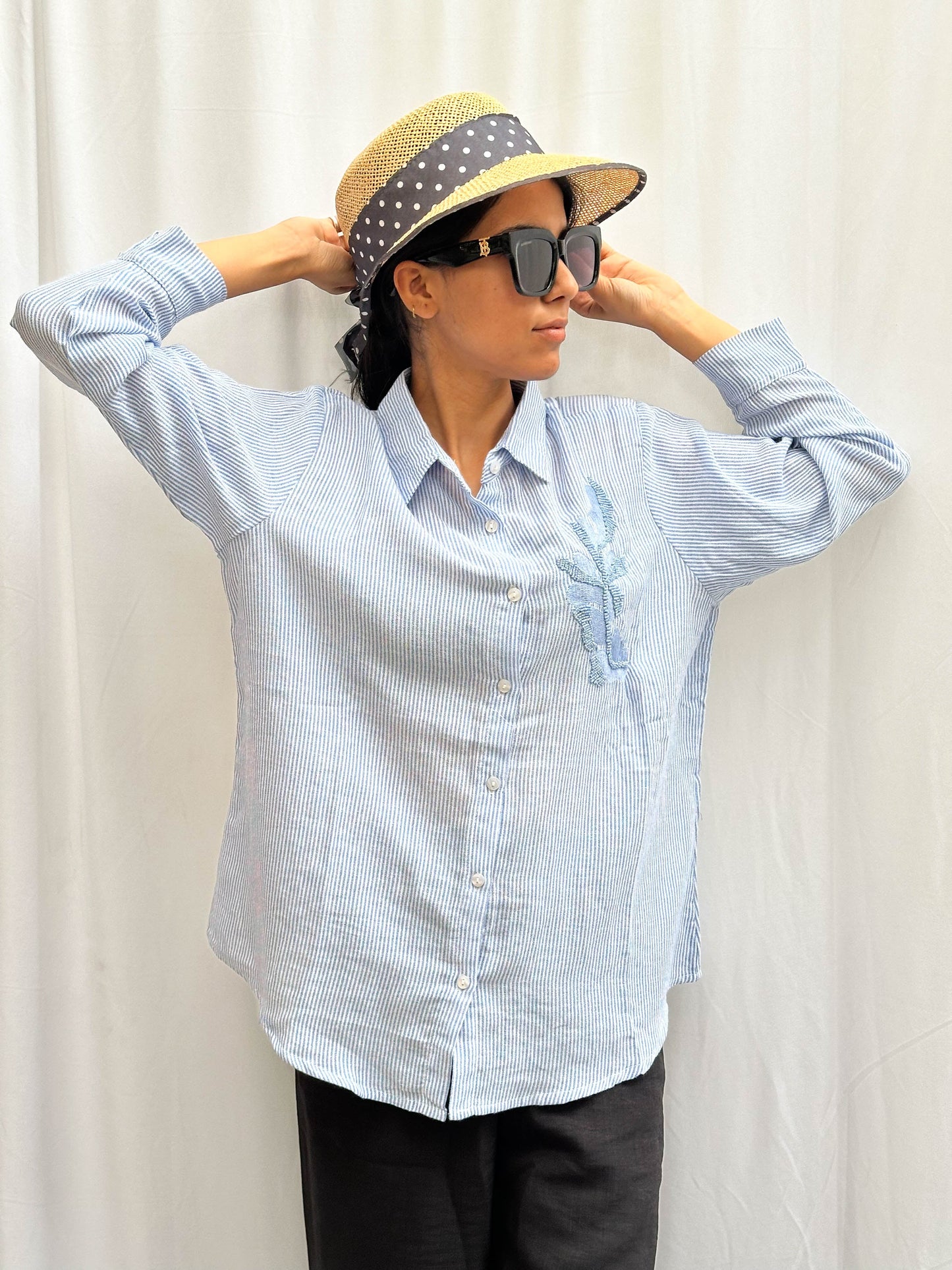 LIGHT BLUE COTTON SHIRT WITH EMBROIDERED PATCHWORK BESU INDIA