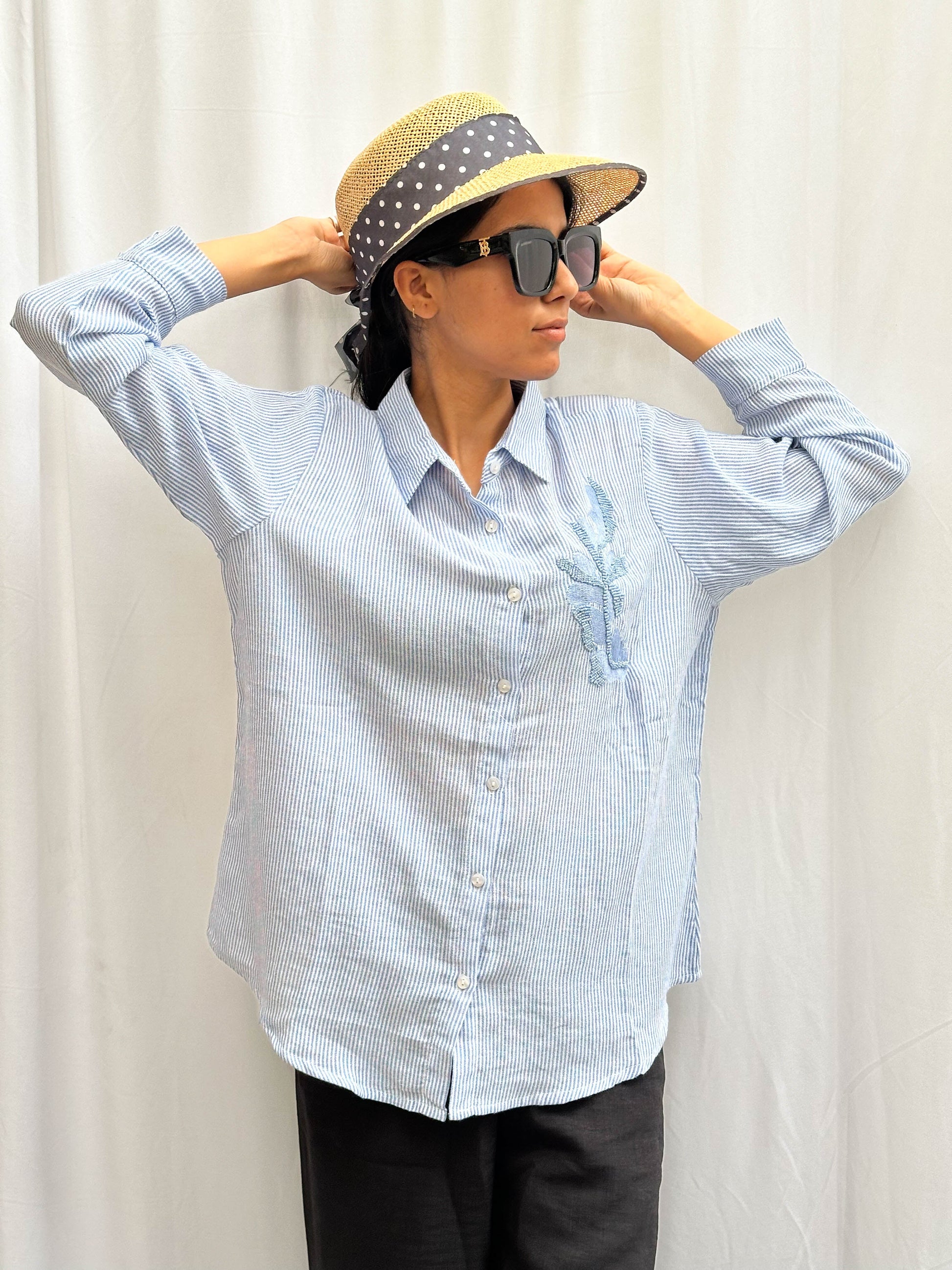 LIGHT BLUE COTTON SHIRT WITH EMBROIDERED PATCHWORK BESU INDIA