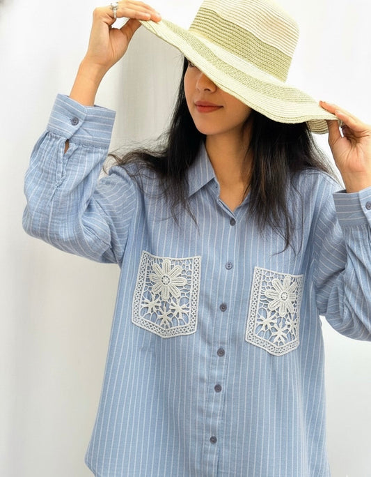 LIGHT BLUE AND WHITE STRIPED LACE POCKET SHIRT BESU INDIA