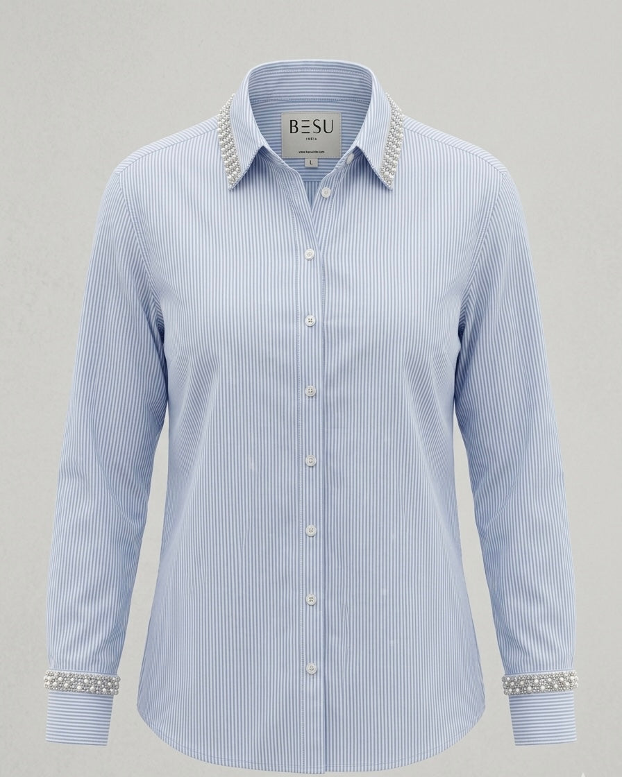 CLASSIC BLUE AND WHITE STRIPED SHIRT WITH PEARL ACCENTS BESU INDIA