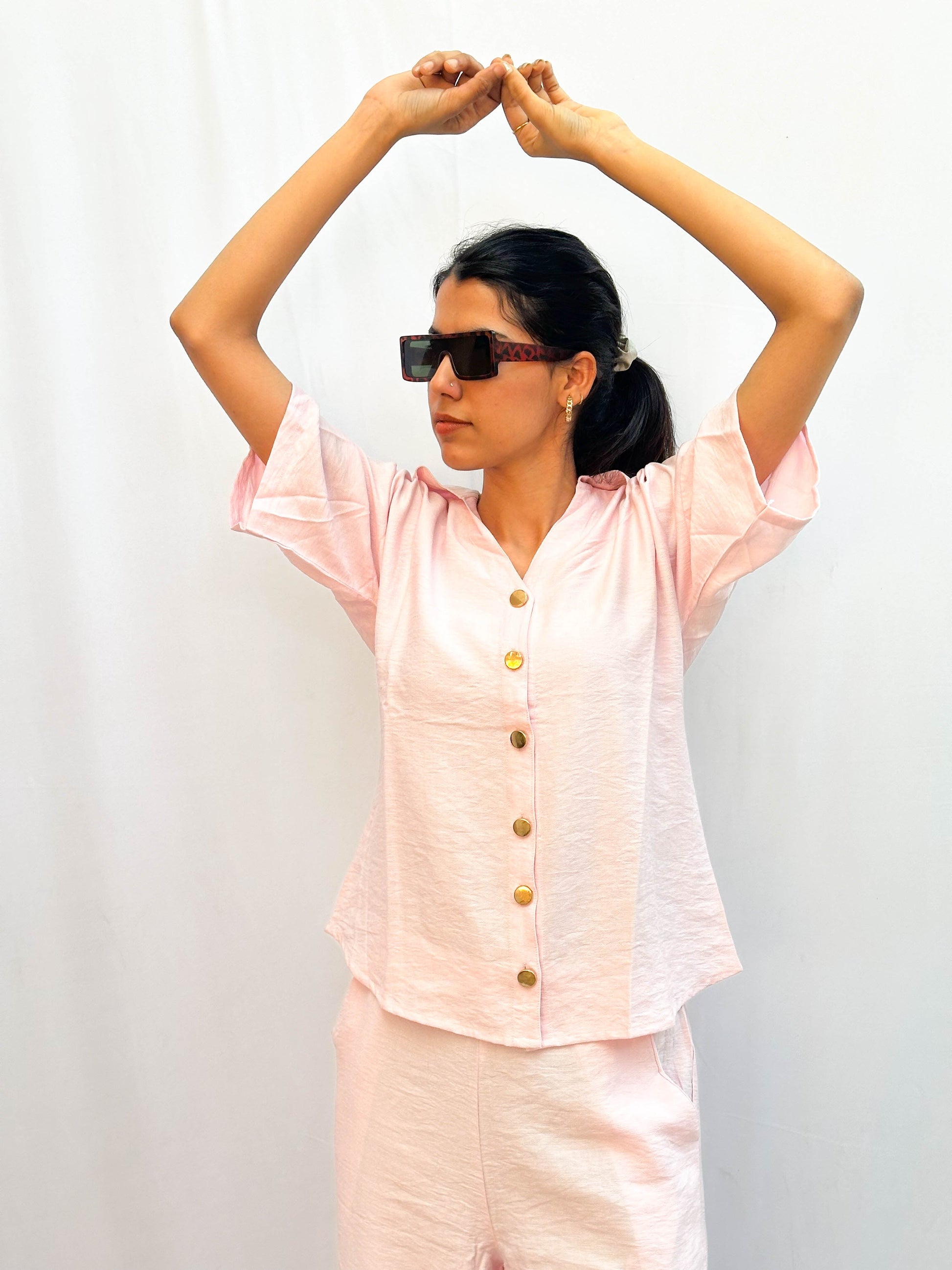 BABY PINK CO-ORDS WITH GOLD BUTTONS BESU INDIA