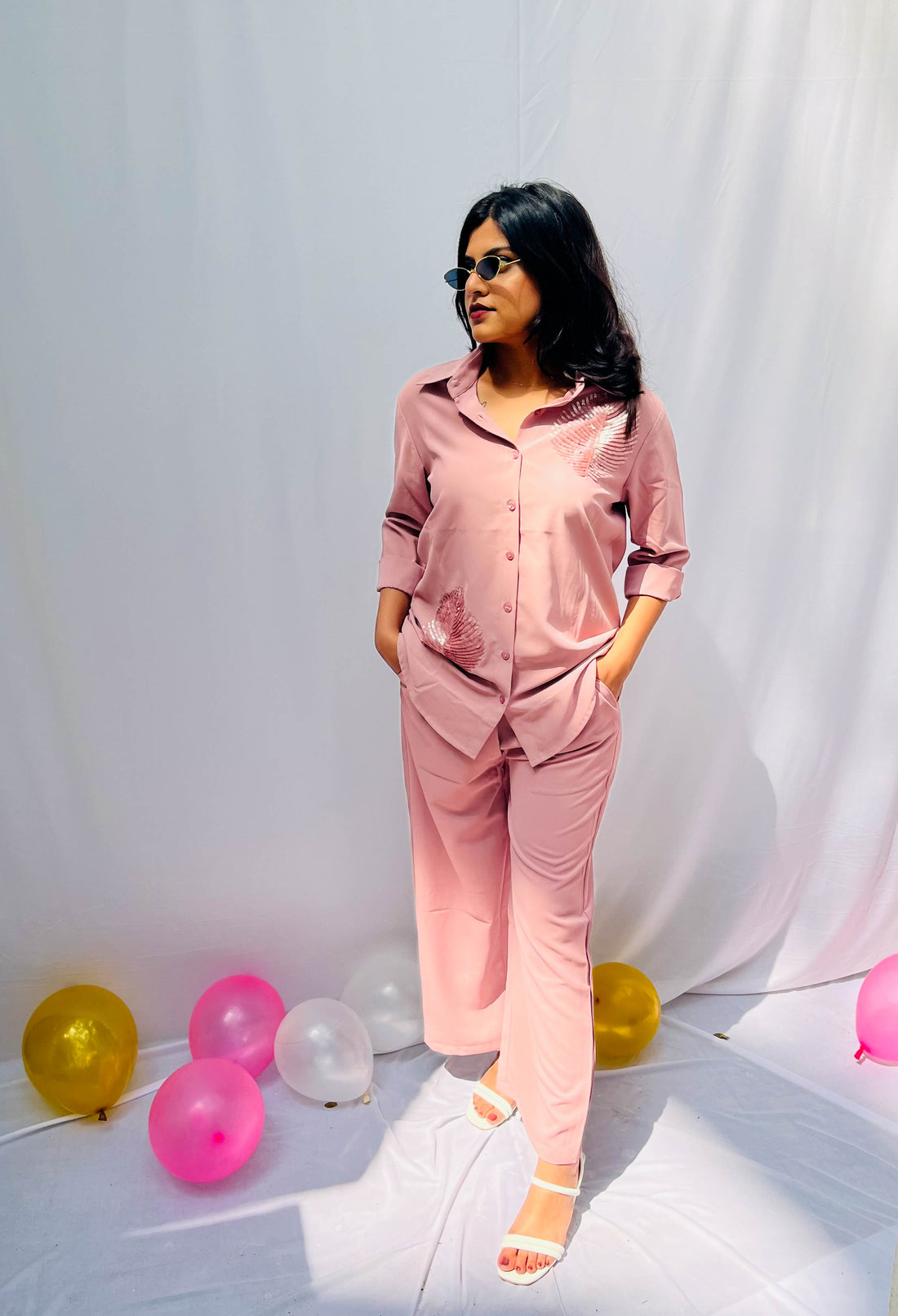 LIGHT PEACH CREPE SEQUINS EMBROIDERED CO-ORDS BESU INDIA