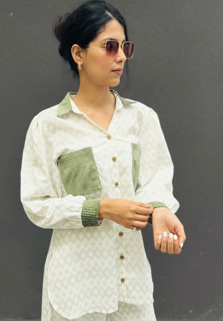 GREEN SUEDE PATCH WORKED - TEXTURED COTTON CO-ORD BESU INDIA