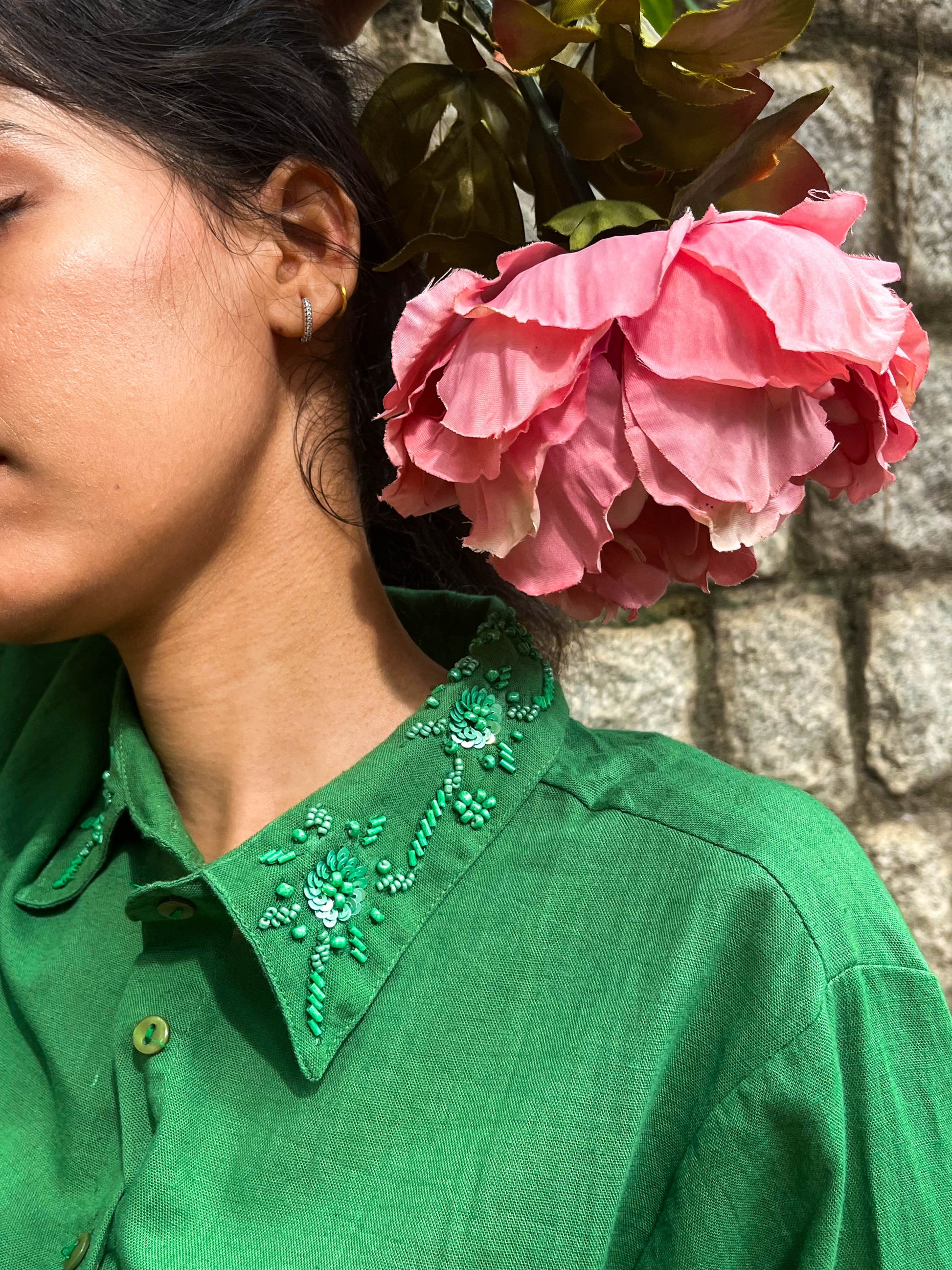 GREEN LINEN CO-ORD SET WITH EMBROIDERED COLLAR BESU INDIA