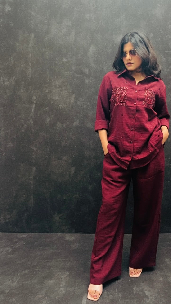 WINE RED LINEN CO-ORDS WITH SEQUINS POCKETS BESU INDIA