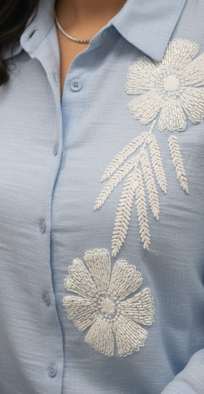 BLUE SOFT COTTON LINEN CO-ORDS WITH PATCHWORK WHITE SEQUINS EMBROIDERY BESU INDIA