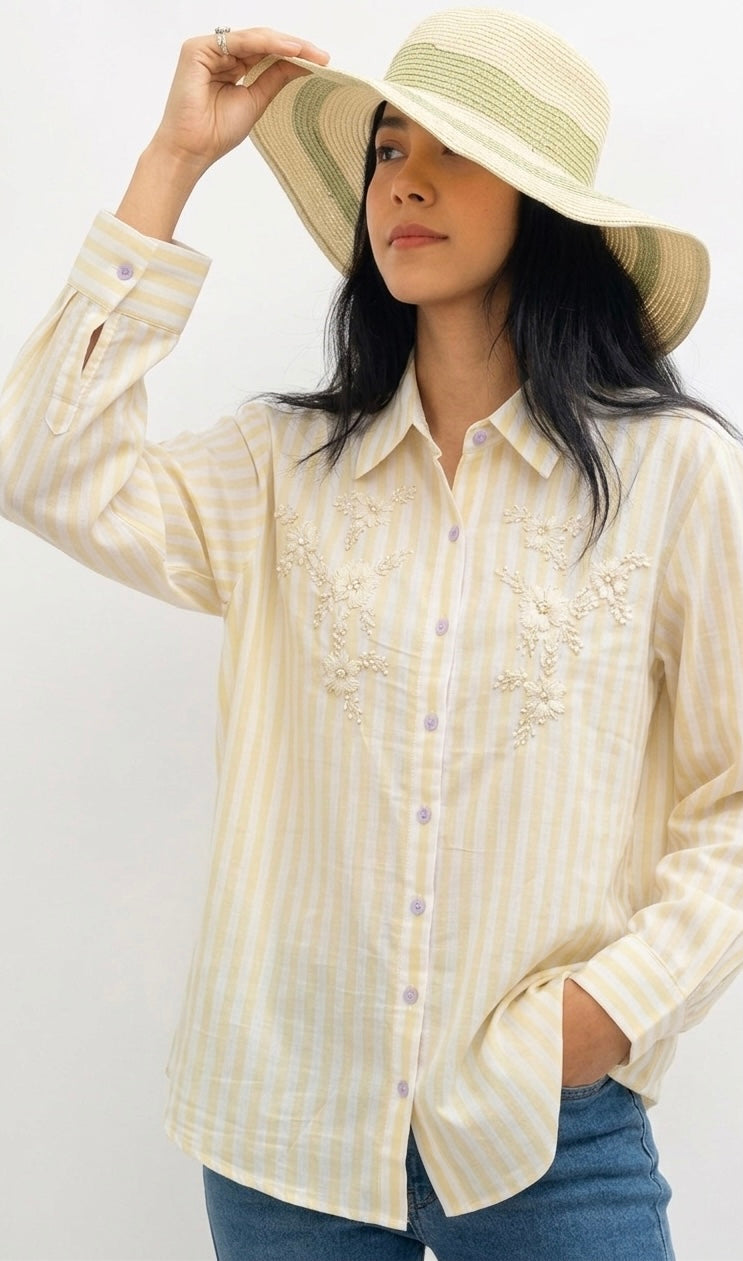 YELLOW STRIPED SHIRT WITH FLORAL EMBROIDERY BESU INDIA