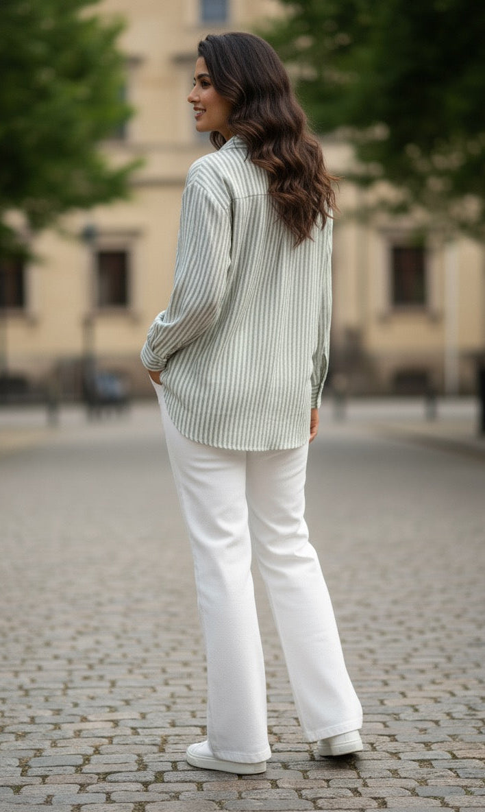 LIGHT SAGE GREEN AND WHITE STRIPED COTTON SHIRT BESU INDIA